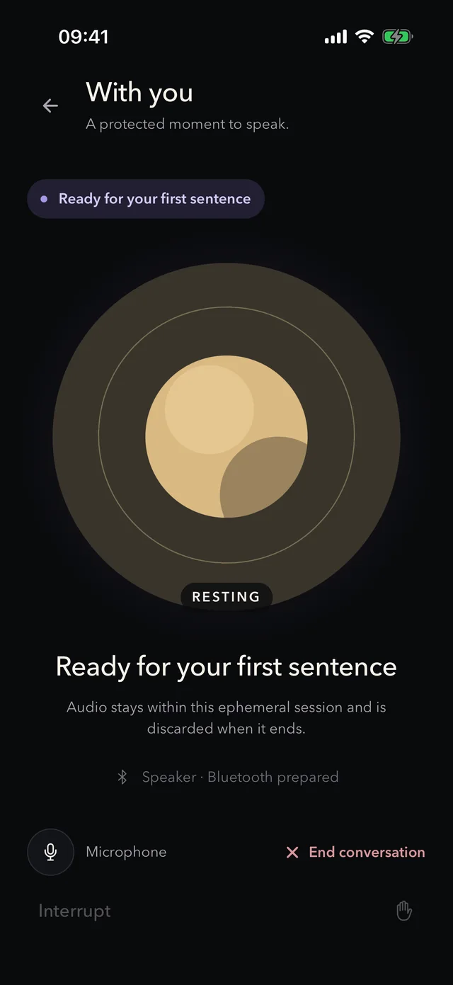 VoxAnima voice screen with the orb, a ready message and the microphone control